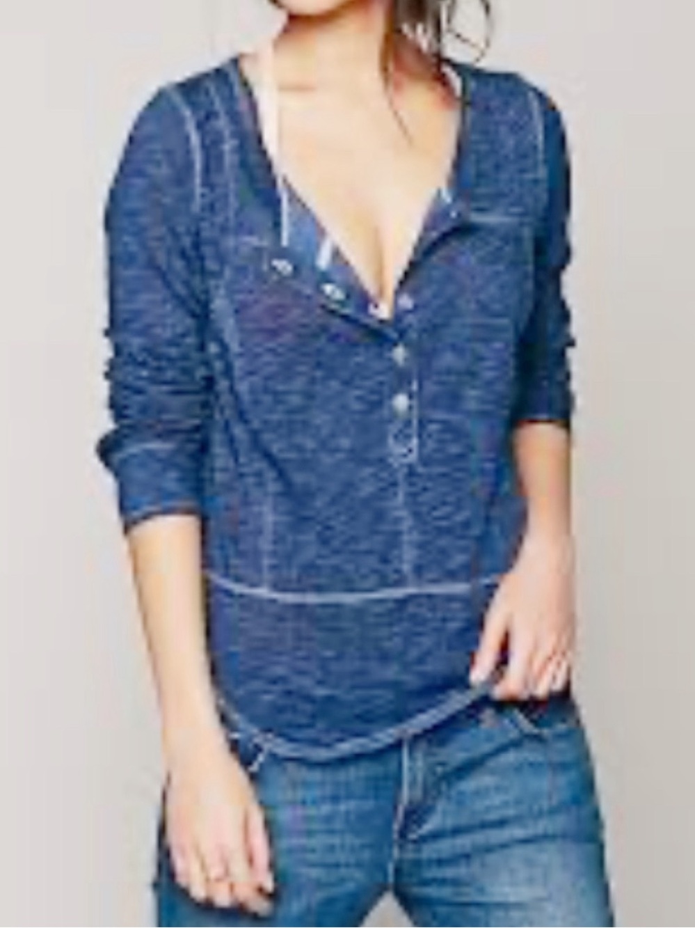 FREE PEOPLE ROXY LONG SLEEVE HENLEY TOP OVERSIZED DENIM BLUE